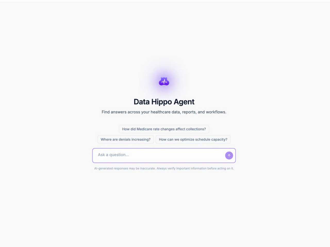 Data Hippo Agent interface: AI-powered data assistant with specialized agents for finance, operations, staffing, compliance, and more
